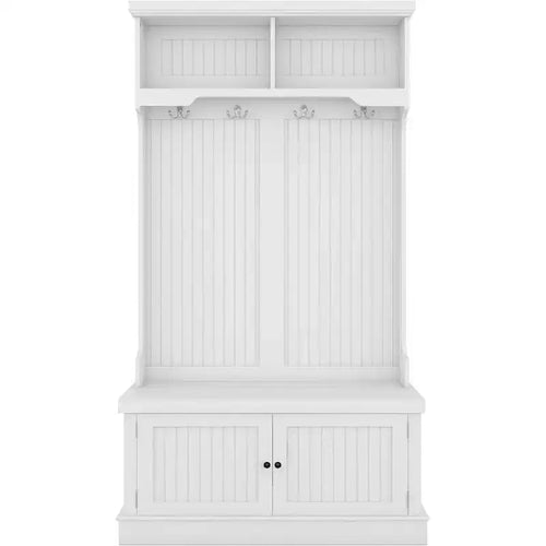 Acekool mobile da ingresso 4 in 1 con scarpiera, appendiabiti con 4 ganci, organizzatore da ingresso con ripiani espositivi e armadietto, bianco