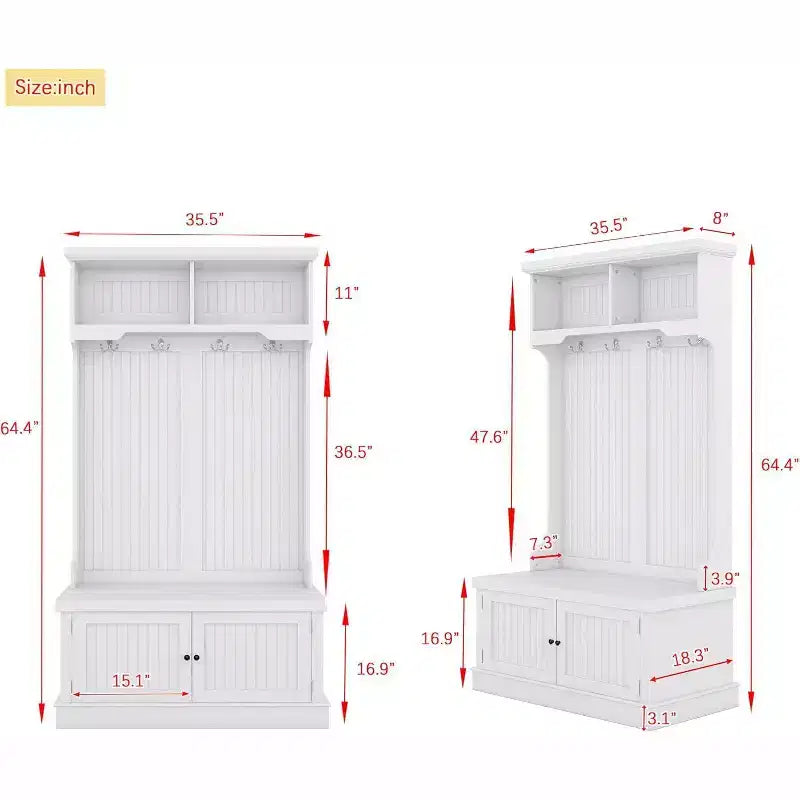 Acekool 4-in-1 Hall Tree with Storage Shoe Bench, Coat Rack with 4 Hooks, Entryway Organizer with Display Shelves & Cabinet, White