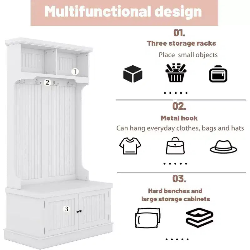 Acekool 4-in-1 Hall Tree with Storage Shoe Bench, Coat Rack with 4 Hooks, Entryway Organizer with Display Shelves & Cabinet, White