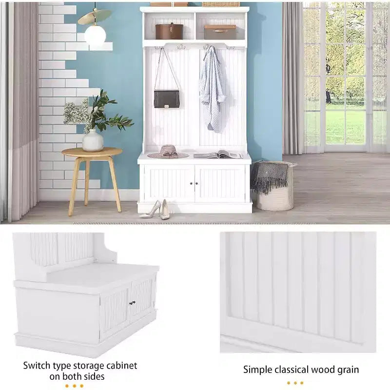 Acekool 4-in-1 Hall Tree with Storage Shoe Bench, Coat Rack with 4 Hooks, Entryway Organizer with Display Shelves & Cabinet, White