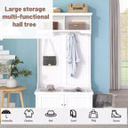 Acekool 4-in-1 Hall Tree with Storage Shoe Bench, Coat Rack with 4 Hooks, Entryway Organizer with Display Shelves & Cabinet, White