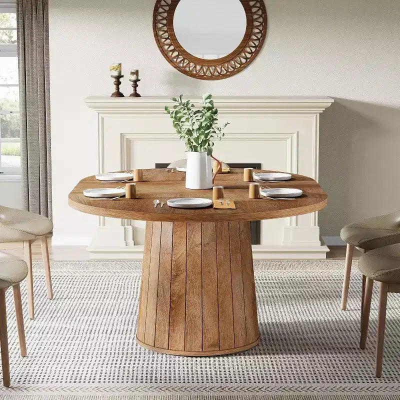 Lantine Oval Dining Table for 6 People, 55.11-Inch Farmhouse Kitchen Dinner Table with Cylindrical Pedestal