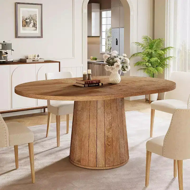 Lantine Oval Dining Table for 6 People, 55.11-Inch Farmhouse Kitchen Dinner Table with Cylindrical Pedestal