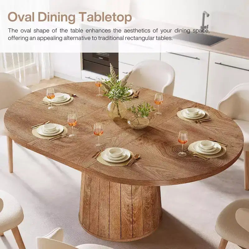 Lantine Oval Dining Table for 6 People, 55.11-Inch Farmhouse Kitchen Dinner Table with Cylindrical Pedestal