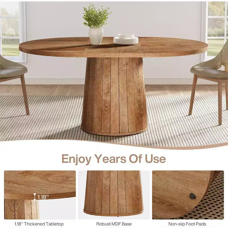 Lantine Oval Dining Table for 6 People, 55.11-Inch Farmhouse Kitchen Dinner Table with Cylindrical Pedestal