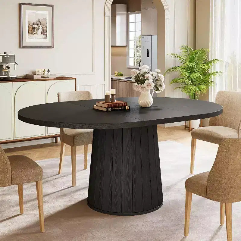 Lantine Oval Dining Table for 6 People, 55.11-Inch Farmhouse Kitchen Dinner Table with Cylindrical Pedestal