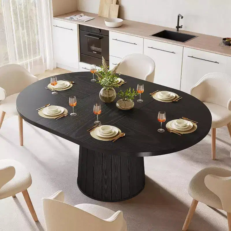 Lantine Oval Dining Table for 6 People, 55.11-Inch Farmhouse Kitchen Dinner Table with Cylindrical Pedestal