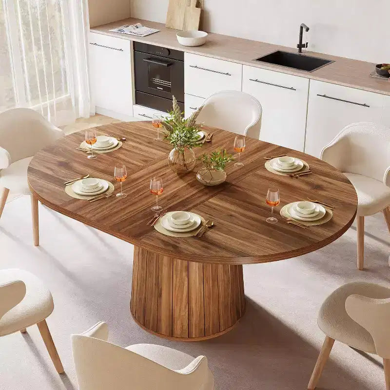 Lantine Oval Dining Table for 6 People, 55.11-Inch Farmhouse Kitchen Dinner Table with Cylindrical Pedestal