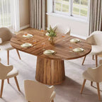 Lantine Oval Dining Table for 6 People, 55.11-Inch Farmhouse Kitchen Dinner Table with Cylindrical Pedestal