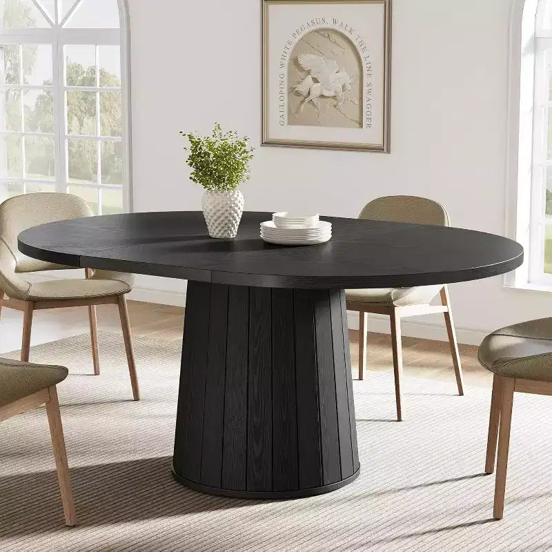 Lantine Oval Dining Table for 6 People, 55.11-Inch Farmhouse Kitchen Dinner Table with Cylindrical Pedestal