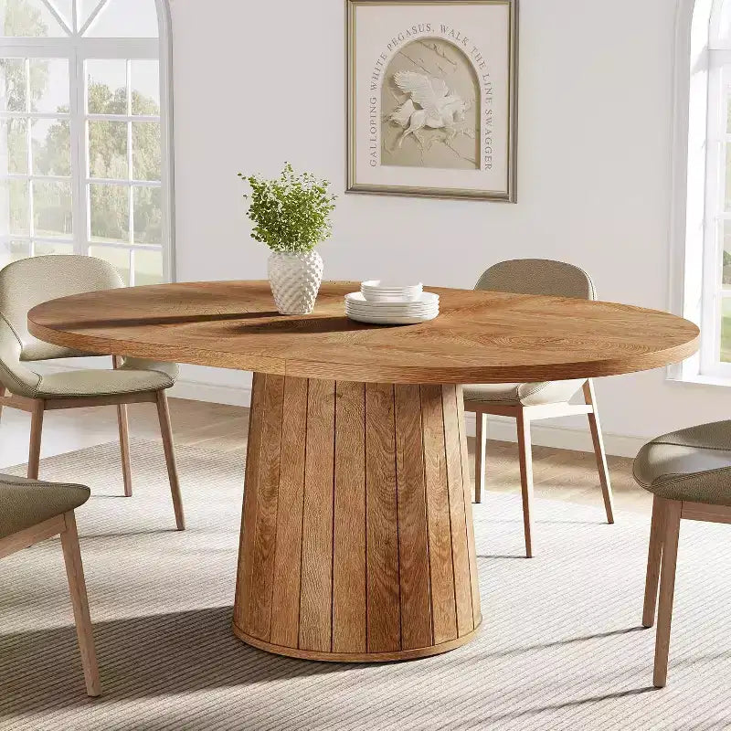 Tavolo da Pranzo Ovale Lantine per 6 Persone, Tavolo da Cucina Rustico di 140 cm con Base a Piedistallo Cilindrico