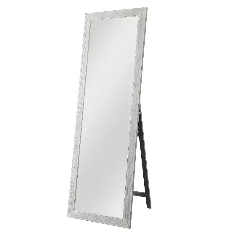 MAYEERTY Specchio a figura intera in legno massello spazzolato bianco lavato 64x21 pollici con supporto in vetro temperato