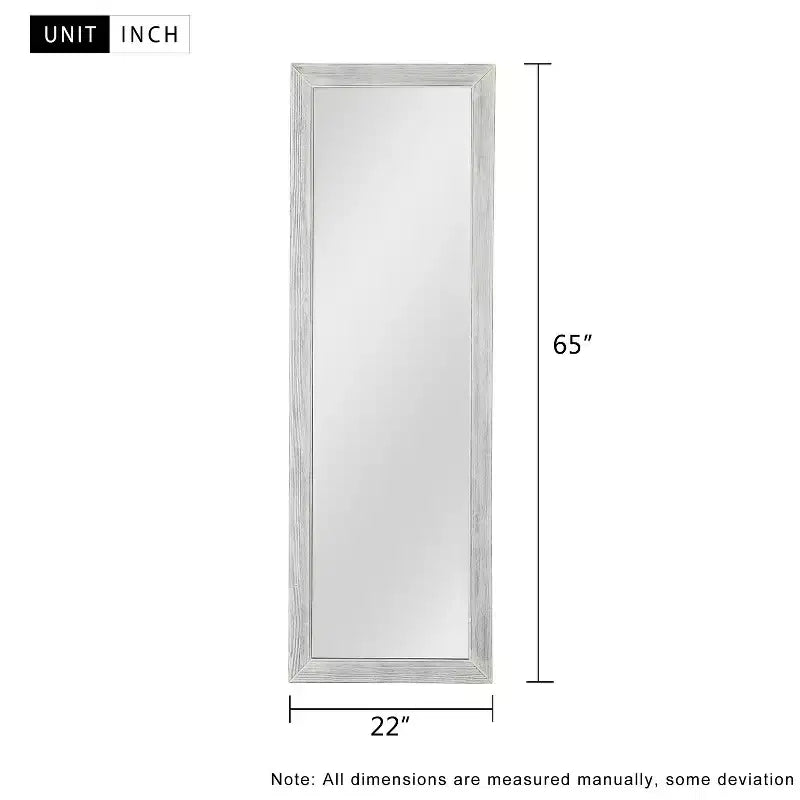 MAYEERTY Specchio a figura intera in legno massello spazzolato bianco lavato 64x21 pollici con supporto in vetro temperato