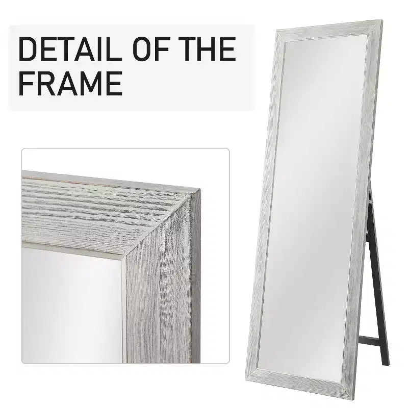 MAYEERTY Specchio a figura intera in legno massello spazzolato bianco lavato 64x21 pollici con supporto in vetro temperato
