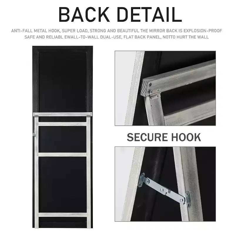 MAYEERTY Specchio a figura intera in legno massello spazzolato bianco lavato 64x21 pollici con supporto in vetro temperato