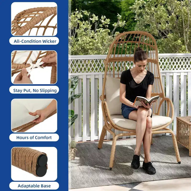 Egg Chair Patio Wicker Basket with High Back & Cushion Backyard Indoor Outdoor