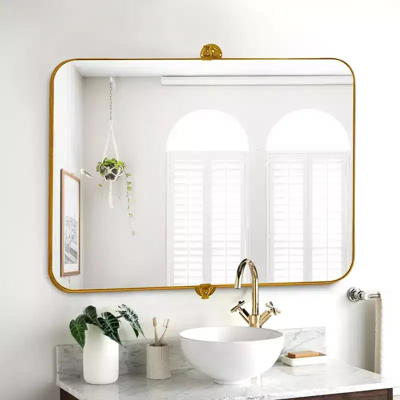 MAYEERTY Specchio da Parete con Angoli Arrotondati in Ferro Nero, Hardware Girevole, 79x58x5 cm