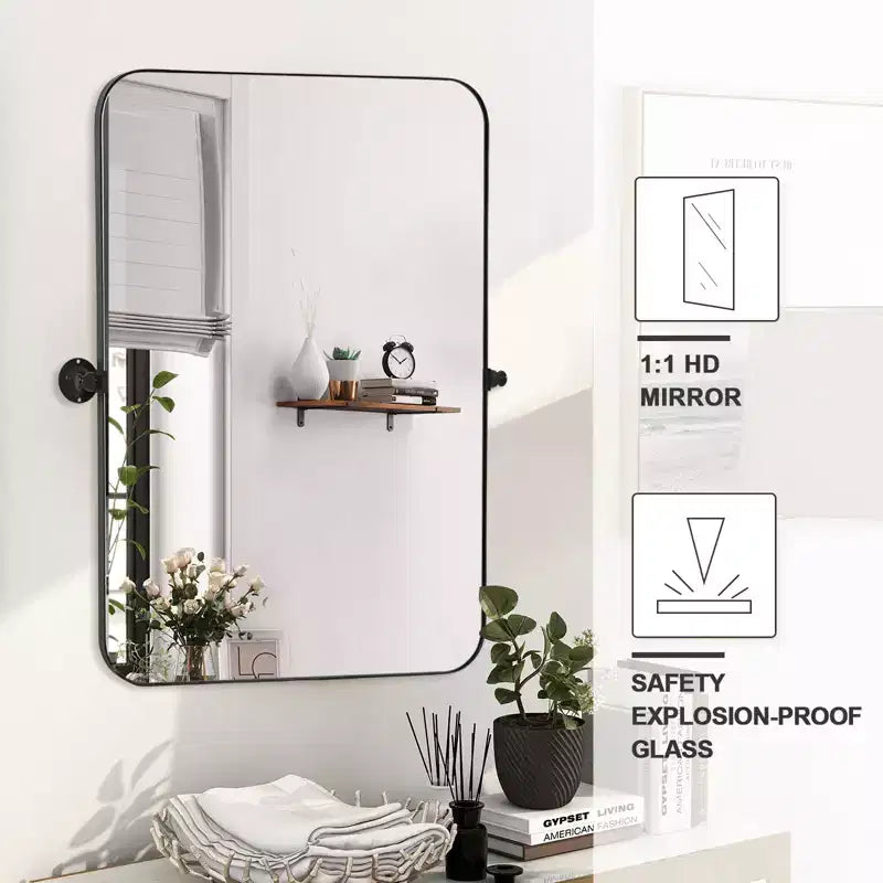MAYEERTY Specchio da Parete con Angoli Arrotondati in Ferro Nero, Hardware Girevole, 79x58x5 cm