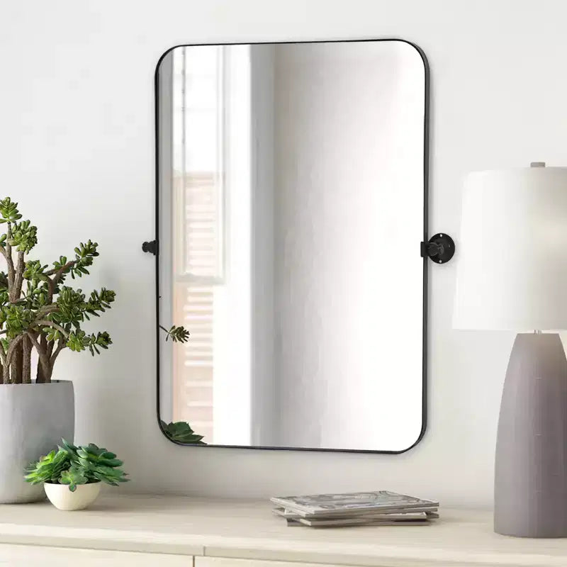 MAYEERTY Specchio da Parete con Angoli Arrotondati in Ferro Nero, Hardware Girevole, 79x58x5 cm