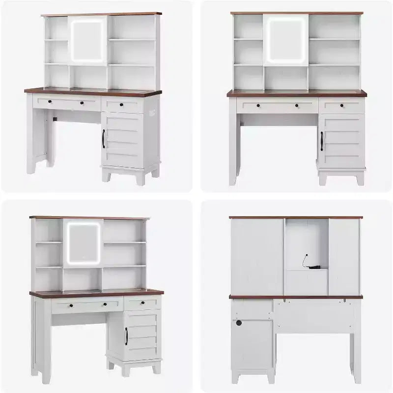 Makeup Vanity Desk, with Mirror and Lights, 42 Glass Top Vanity Table, Upholstered Stool, Drawers, Cabinet & Open Shelves, 2 Storage Drawers