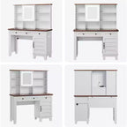 Makeup Vanity Desk, with Mirror and Lights, 42 Glass Top Vanity Table, Upholstered Stool, Drawers, Cabinet & Open Shelves, 2 Storage Drawers