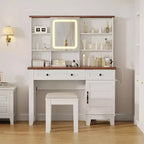 Makeup Vanity Desk, with Mirror and Lights, 42 Glass Top Vanity Table, Upholstered Stool, Drawers, Cabinet & Open Shelves, 2 Storage Drawers