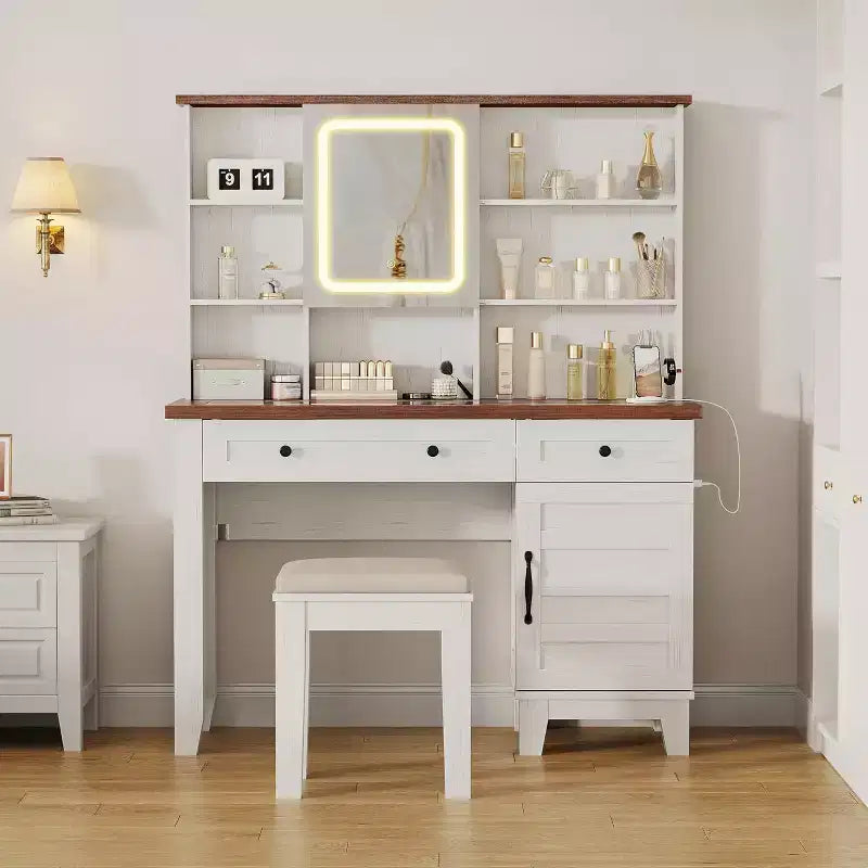 Makeup Vanity Desk, with Mirror and Lights, 42 Glass Top Vanity Table, Upholstered Stool, Drawers, Cabinet & Open Shelves, 2 Storage Drawers