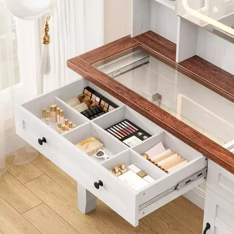 Makeup Vanity Desk, with Mirror and Lights, 42 Glass Top Vanity Table, Upholstered Stool, Drawers, Cabinet & Open Shelves, 2 Storage Drawers