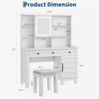 Makeup Vanity Desk, with Mirror and Lights, 42 Glass Top Vanity Table, Upholstered Stool, Drawers, Cabinet & Open Shelves, 2 Storage Drawers