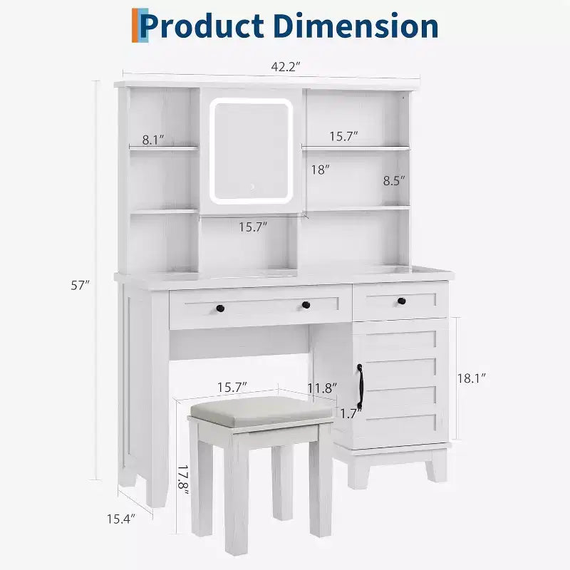 Makeup Vanity Desk, with Mirror and Lights, 42 Glass Top Vanity Table, Upholstered Stool, Drawers, Cabinet & Open Shelves, 2 Storage Drawers