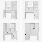 Makeup Vanity Desk, with Mirror and Lights, 42 Glass Top Vanity Table, Upholstered Stool, Drawers, Cabinet & Open Shelves, 2 Storage Drawers