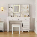 Makeup Vanity Desk, with Mirror and Lights, 42 Glass Top Vanity Table, Upholstered Stool, Drawers, Cabinet & Open Shelves, 2 Storage Drawers