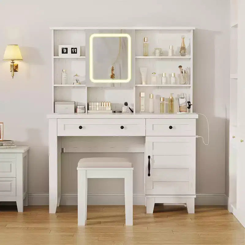 Makeup Vanity Desk, with Mirror and Lights, 42 Glass Top Vanity Table, Upholstered Stool, Drawers, Cabinet & Open Shelves, 2 Storage Drawers