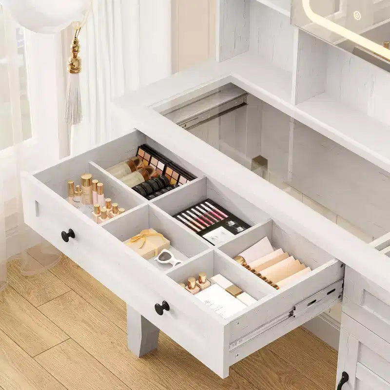 Makeup Vanity Desk, with Mirror and Lights, 42 Glass Top Vanity Table, Upholstered Stool, Drawers, Cabinet & Open Shelves, 2 Storage Drawers