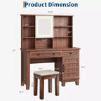 Makeup Vanity Desk, with Mirror and Lights, 42 Glass Top Vanity Table, Upholstered Stool, Drawers, Cabinet & Open Shelves, 2 Storage Drawers