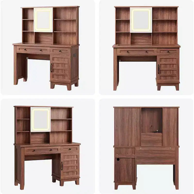 Makeup Vanity Desk, with Mirror and Lights, 42 Glass Top Vanity Table, Upholstered Stool, Drawers, Cabinet & Open Shelves, 2 Storage Drawers