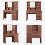 Makeup Vanity Desk, with Mirror and Lights, 42 Glass Top Vanity Table, Upholstered Stool, Drawers, Cabinet & Open Shelves, 2 Storage Drawers