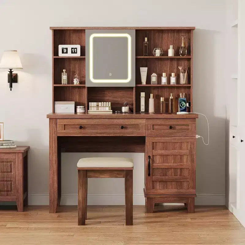 Makeup Vanity Desk, with Mirror and Lights, 42 Glass Top Vanity Table, Upholstered Stool, Drawers, Cabinet & Open Shelves, 2 Storage Drawers