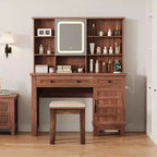 Makeup Vanity Desk, with Mirror and Lights, 42 Glass Top Vanity Table, Upholstered Stool, Drawers, Cabinet & Open Shelves, 2 Storage Drawers