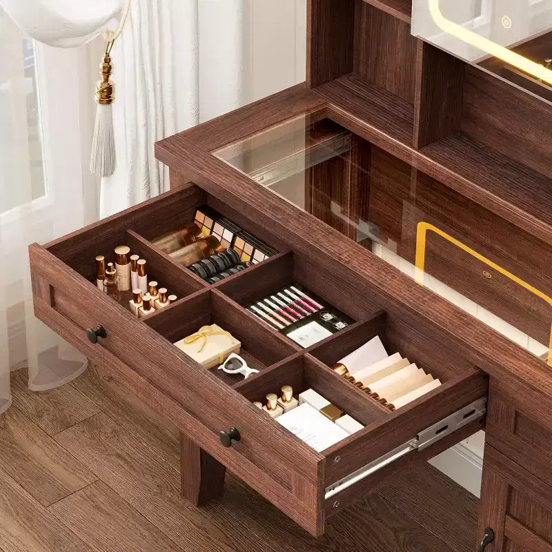 Makeup Vanity Desk, with Mirror and Lights, 42 Glass Top Vanity Table, Upholstered Stool, Drawers, Cabinet & Open Shelves, 2 Storage Drawers