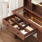 Makeup Vanity Desk, with Mirror and Lights, 42 Glass Top Vanity Table, Upholstered Stool, Drawers, Cabinet & Open Shelves, 2 Storage Drawers
