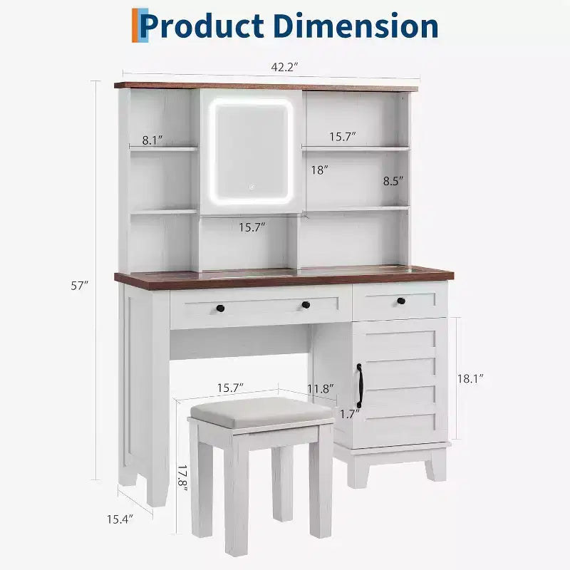 Makeup Vanity Desk, with Mirror and Lights, 42 Glass Top Vanity Table, Upholstered Stool, Drawers, Cabinet & Open Shelves, 2 Storage Drawers