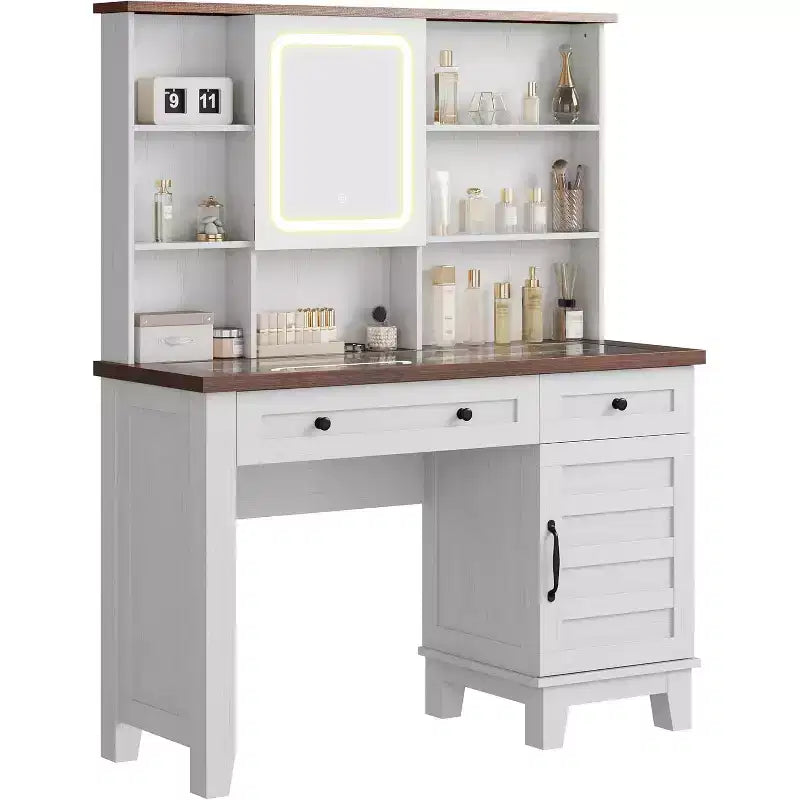 Toeletta da trucco con specchio e luci, tavolo da trucco con piano in vetro da 42 pollici, sgabello imbottito, cassetti, armadietto e ripiani aperti, 2 cassetti portaoggetti