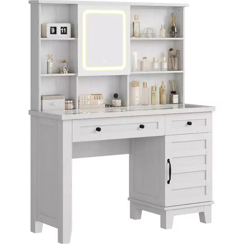 Toeletta da trucco con specchio e luci, tavolo da trucco con piano in vetro da 42 pollici, sgabello imbottito, cassetti, armadietto e ripiani aperti, 2 cassetti portaoggetti