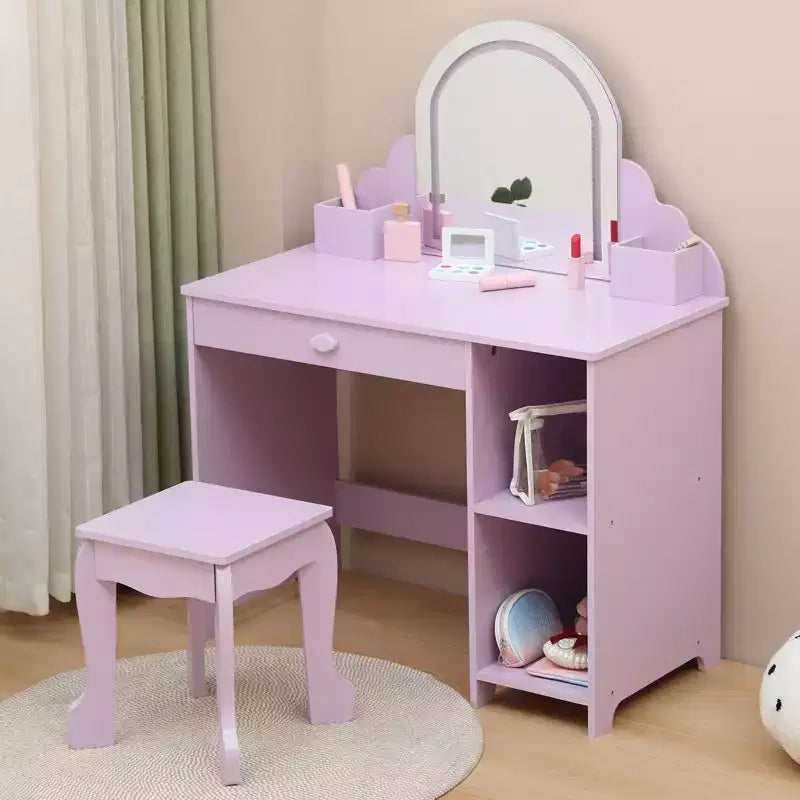 Toeletta per Bambini con Specchio Illuminato e Sgabello, con Cassetto e Ripiani Aperti, Toeletta 2 in 1 per Bambine di 3-9 Anni