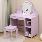 Toeletta per Bambini con Specchio Illuminato e Sgabello, con Cassetto e Ripiani Aperti, Toeletta 2 in 1 per Bambine di 3-9 Anni