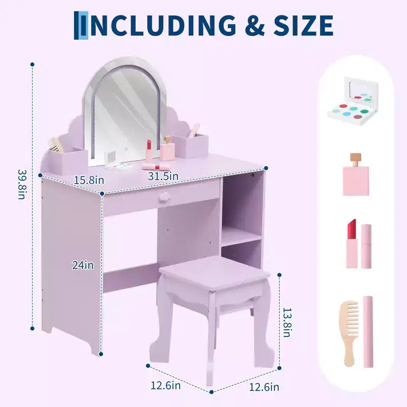 Toeletta per Bambini con Specchio Illuminato e Sgabello, con Cassetto e Ripiani Aperti, Toeletta 2 in 1 per Bambine di 3-9 Anni