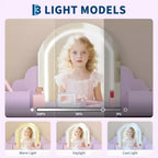 Toeletta per Bambini con Specchio Illuminato e Sgabello, con Cassetto e Ripiani Aperti, Toeletta 2 in 1 per Bambine di 3-9 Anni