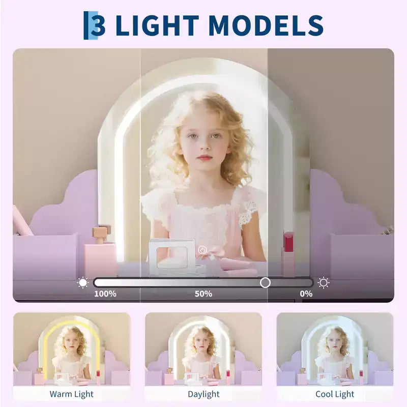 Toeletta per Bambini con Specchio Illuminato e Sgabello, con Cassetto e Ripiani Aperti, Toeletta 2 in 1 per Bambine di 3-9 Anni