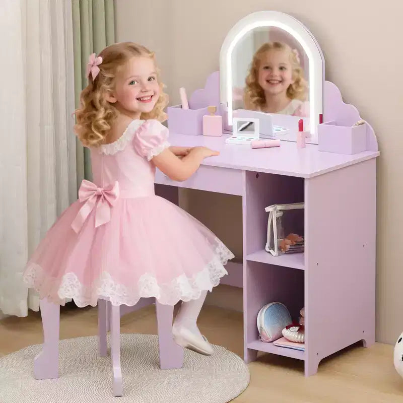 Toeletta per Bambini con Specchio Illuminato e Sgabello, con Cassetto e Ripiani Aperti, Toeletta 2 in 1 per Bambine di 3-9 Anni